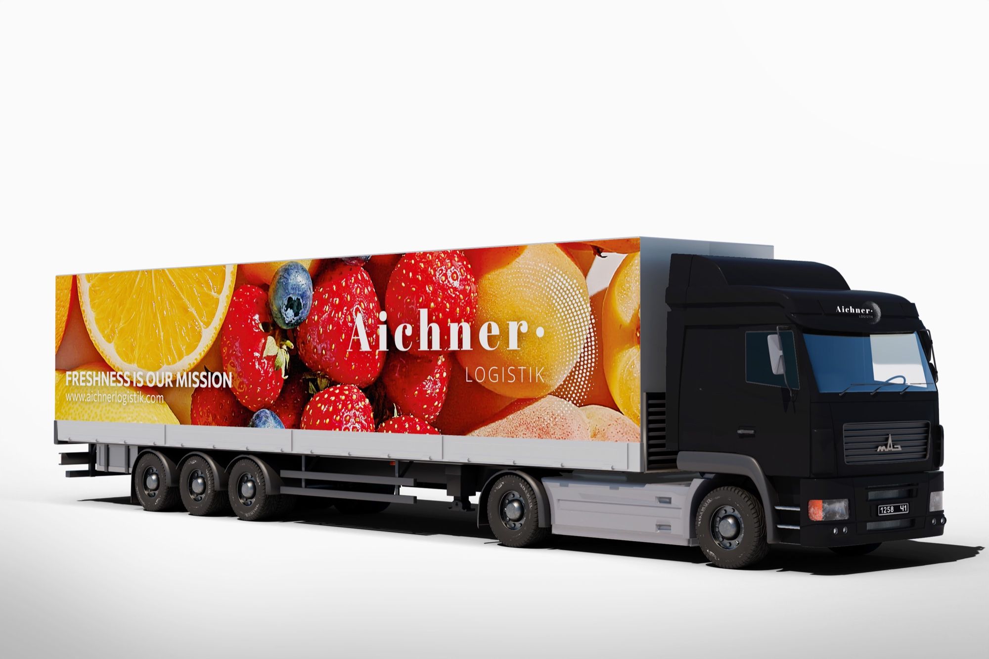 Visualisierung: Sattelzug mit Beklebung aus Orangen, Erdbeeren und Heidelbeeren und dem Schriftzug Aichner Logistik