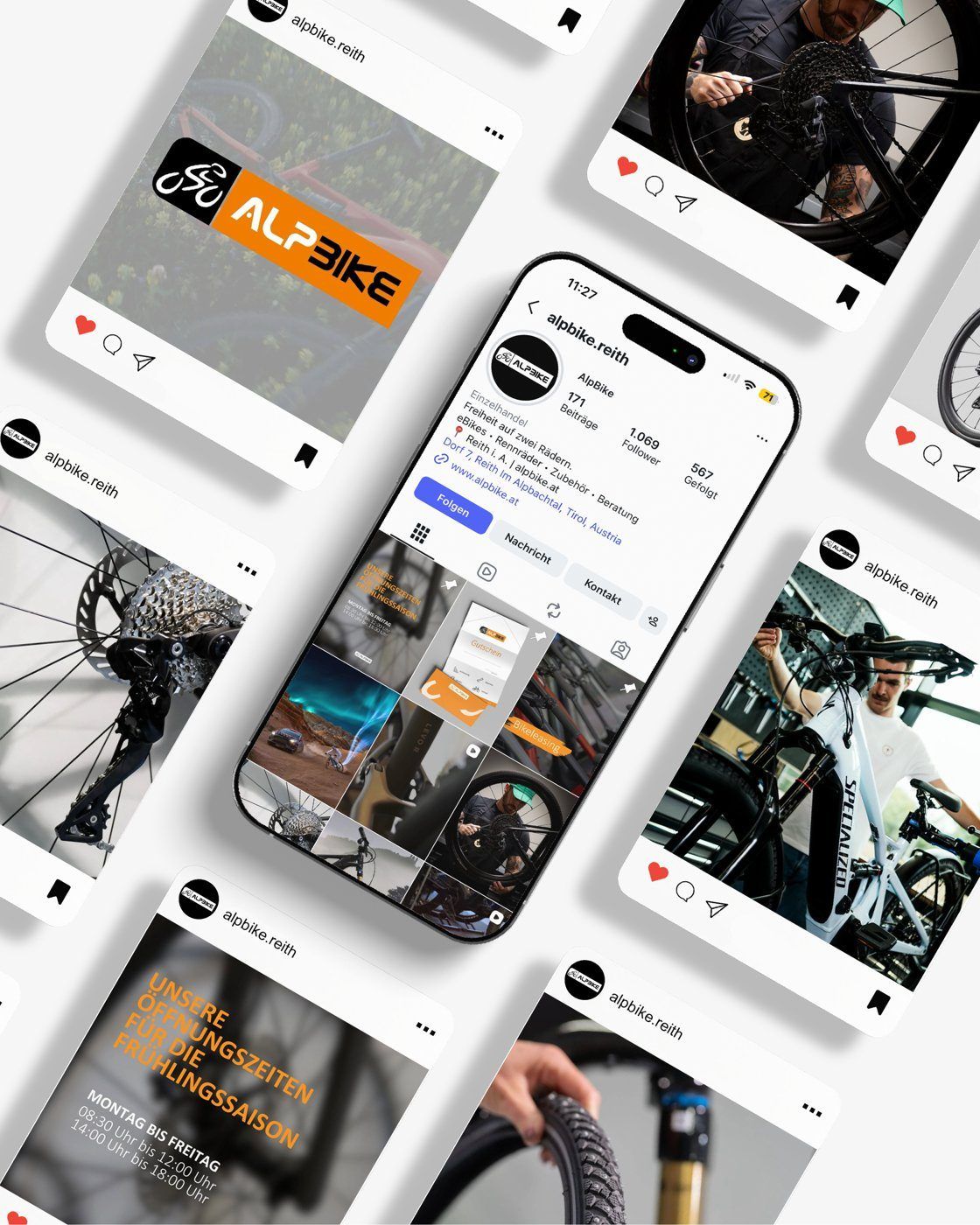 Mockup: Instagram-Profil von Alpbike auf einem Handy, umgeben von Postings mit Fahrrädern