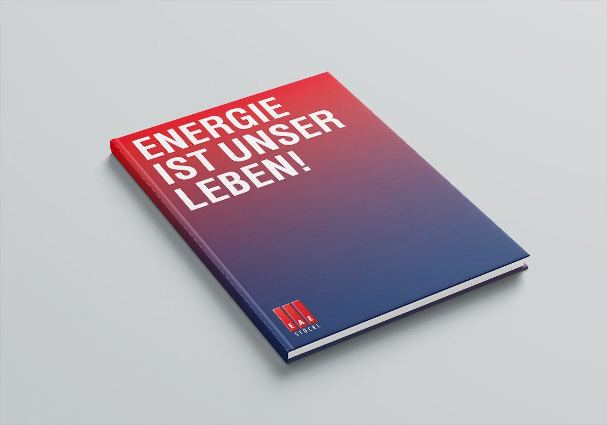 Notizbuch mit dem Titel „Energie ist unser Leben!“ und dem EAE-Stöckl-Logo
