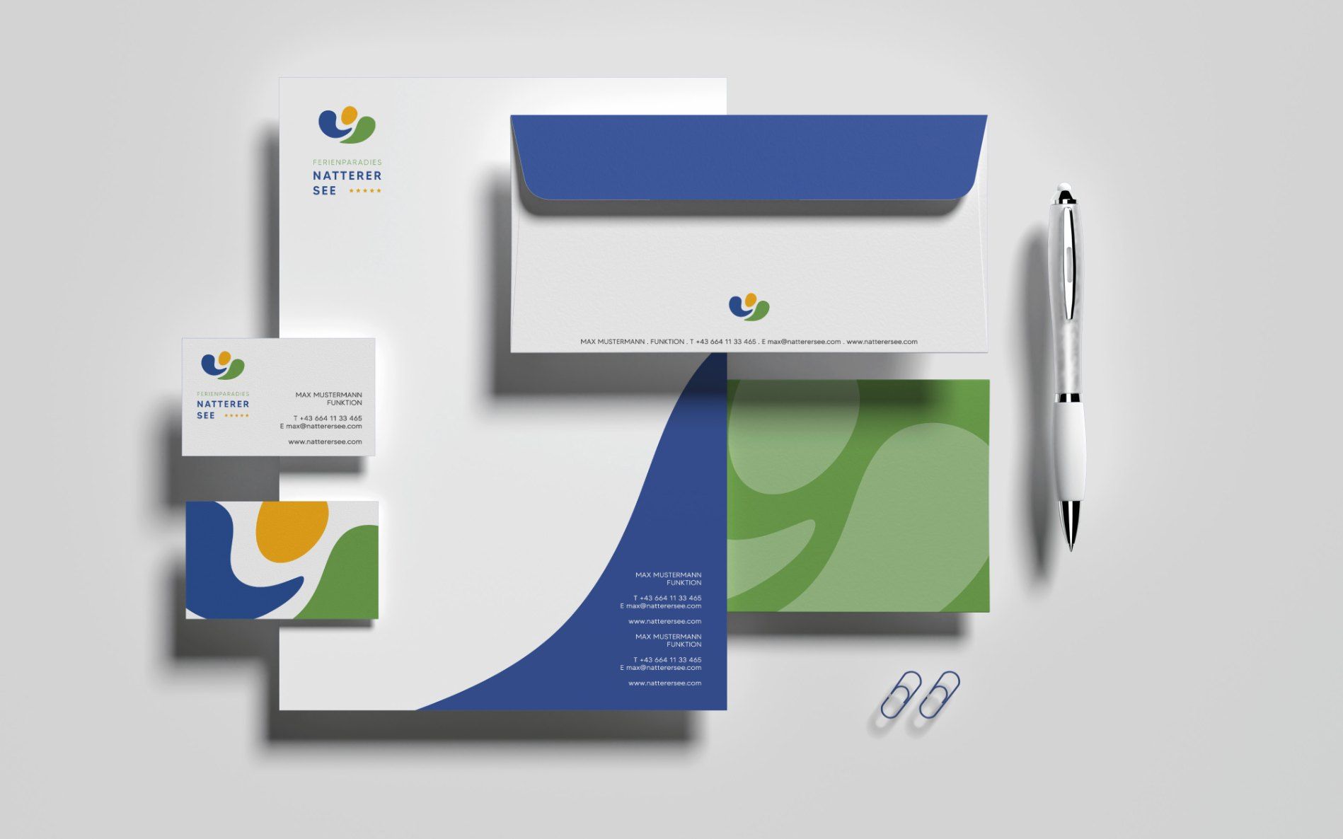 Briefpapier, Kuvert, Visitenkarten und Mappe im Design des Ferienparadieses Natterer See