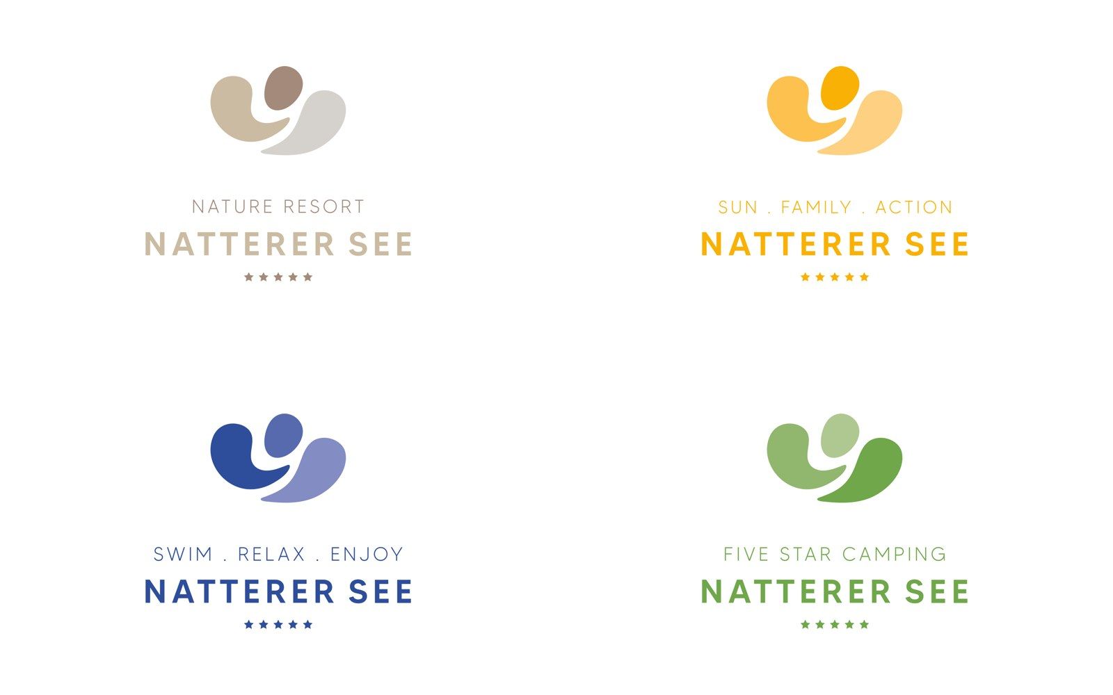 Vier Untermarken des Ferienparadieses Natterer See: Nature Resort in Erdtönen, Sun · Family · Action in Gelb, Swim · Relax · Enjoy in Blau, Five Star Camping in Grün
