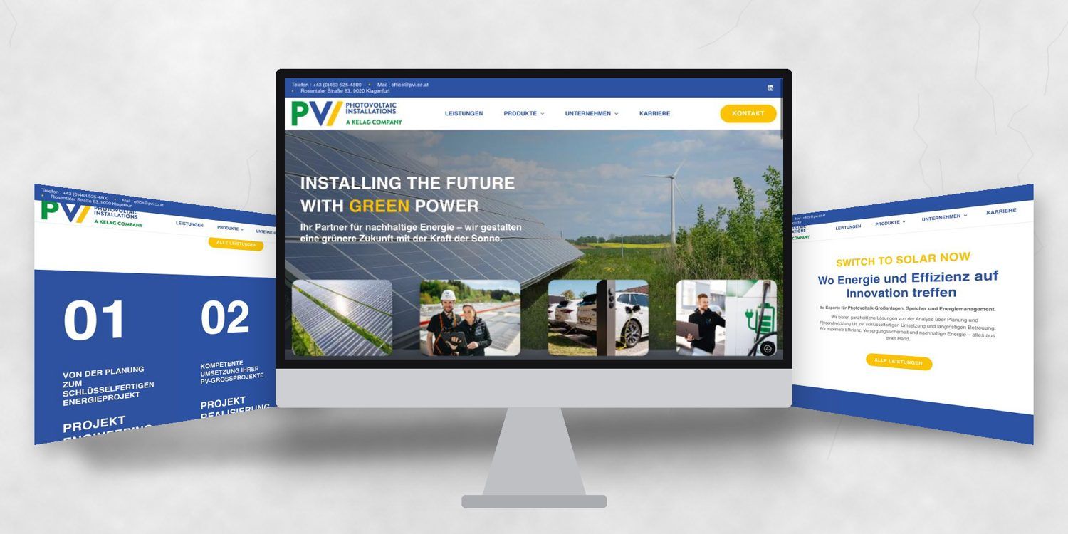 Website von PVI („Installing the future with green power“) auf einem iMac, links und rechts zwei weitere Seiten der Website